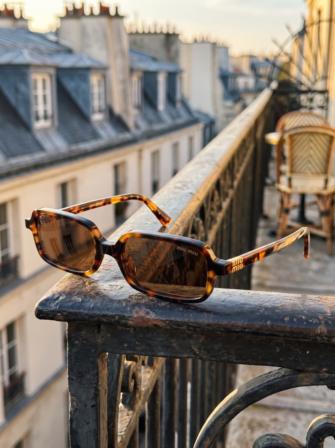 Lunettes de soleil écaille posées sur une balustrade en fer forgé parisienne