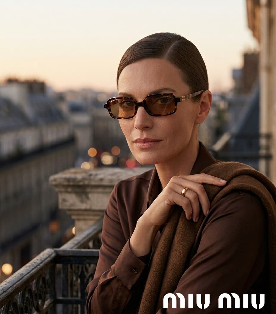 Mannequin portant des lunettes de soleil écaille sur un toit-terrasse parisien au coucher du soleil
